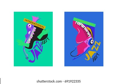 Colorful international jazz festival. Musicians, singers and musical instruments poster set flat vector illustration. Poster template for jazz and music events.