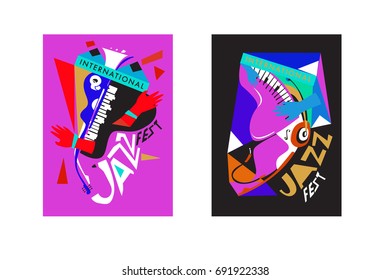 Colorful international jazz festival. Musicians, singers and musical instruments poster set flat vector illustration. Poster template for jazz and music events.