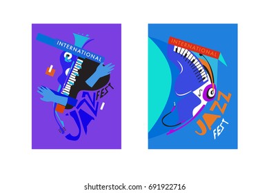 Colorful international jazz festival. Musicians, singers and musical instruments poster set flat vector illustration. Poster template for jazz and music events.