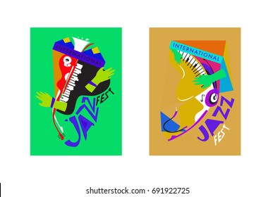 Colorful international jazz festival. Musicians, singers and musical instruments poster set flat vector illustration. Poster template for jazz and music events.