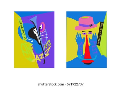Colorful international jazz festival. Musicians, singers and musical instruments poster set flat vector illustration. Poster template for jazz and music events.
