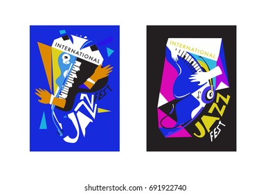 Colorful international jazz festival. Musicians, singers and musical instruments poster set flat vector illustration. Poster template for jazz and music events.