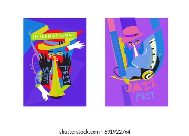 Colorful international jazz festival. Musicians, singers and musical instruments poster set flat vector illustration. Poster template for jazz and music events.