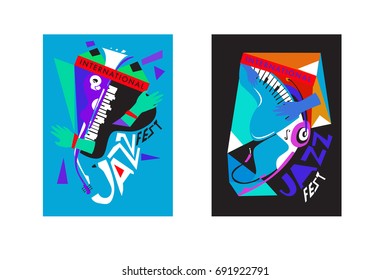 Colorful international jazz festival. Musicians, singers and musical instruments poster set flat vector illustration. Poster template for jazz and music events.