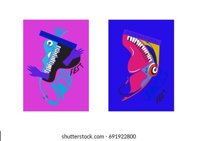 Colorful international jazz festival. Musicians, singers and musical instruments poster set flat vector illustration. Poster template for jazz and music events.