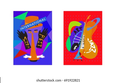 Colorful international jazz festival. Musicians, singers and musical instruments poster set flat vector illustration. Poster template for jazz and music events.