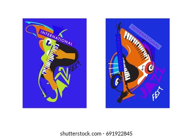 Colorful international jazz festival. Musicians, singers and musical instruments poster set flat vector illustration. Poster template for jazz and music events.
