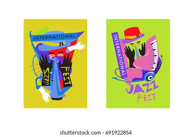 Colorful international jazz festival. Musicians, singers and musical instruments poster set flat vector illustration. Poster template for jazz and music events.