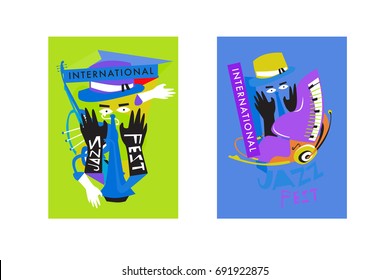 Colorful international jazz festival. Musicians, singers and musical instruments poster set flat vector illustration. Poster template for jazz and music events.