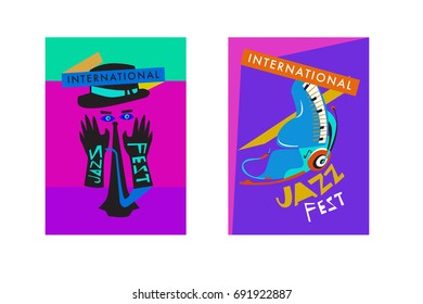 Colorful international jazz festival. Musicians, singers and musical instruments poster set flat vector illustration. Poster template for jazz and music events.