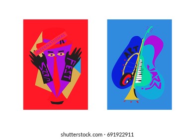 Colorful international jazz festival. Musicians, singers and musical instruments poster set flat vector illustration. Poster template for jazz and music events.