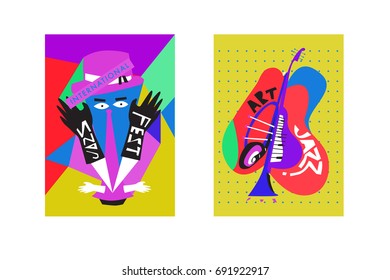 Colorful international jazz festival. Musicians, singers and musical instruments poster set flat vector illustration. Poster template for jazz and music events.