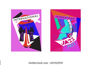 Colorful international jazz festival. Musicians, singers and musical instruments poster set flat vector illustration. Poster template for jazz and music events.