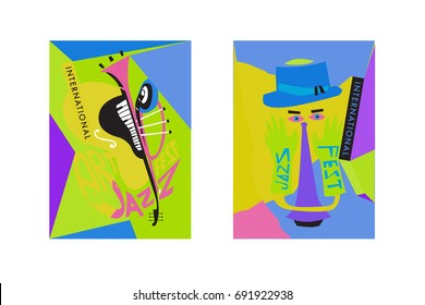 Colorful international jazz festival. Musicians, singers and musical instruments poster set flat vector illustration. Poster template for jazz and music events.