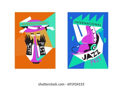 Colorful international jazz festival. Musicians, singers and musical instruments poster set flat vector illustration. Poster template for jazz and music events.