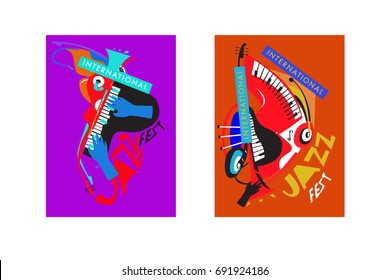 Colorful international jazz festival. Musicians, singers and musical instruments poster set flat vector illustration. Poster template for jazz and music events.