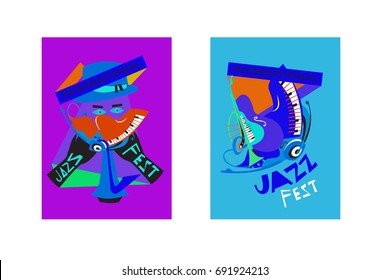Colorful international jazz festival. Musicians, singers and musical instruments poster set flat vector illustration. Poster template for jazz and music events.