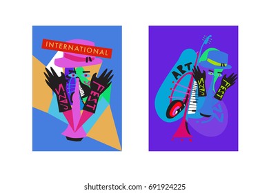 Colorful international jazz festival. Musicians, singers and musical instruments poster set flat vector illustration. Poster template for jazz and music events.