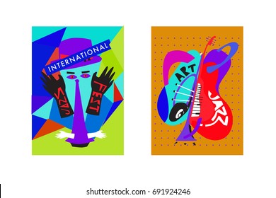 Colorful international jazz festival. Musicians, singers and musical instruments poster set flat vector illustration. Poster template for jazz and music events.