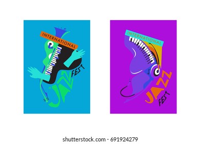 Colorful international jazz festival. Musicians, singers and musical instruments poster set flat vector illustration. Poster template for jazz and music events.