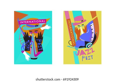 Colorful international jazz festival. Musicians, singers and musical instruments poster set flat vector illustration. Poster template for jazz and music events.