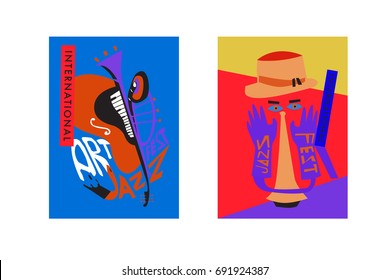 Colorful international jazz festival. Musicians, singers and musical instruments poster set flat vector illustration. Poster template for jazz and music events.