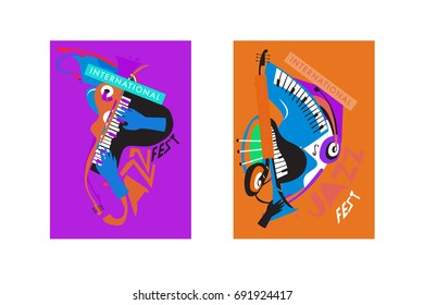 Colorful international jazz festival. Musicians, singers and musical instruments poster set flat vector illustration. Poster template for jazz and music events.