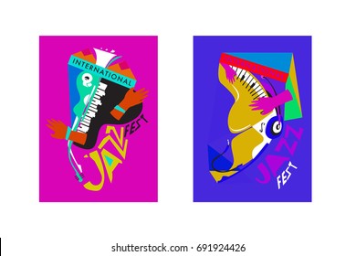 Colorful international jazz festival. Musicians, singers and musical instruments poster set flat vector illustration. Poster template for jazz and music events.