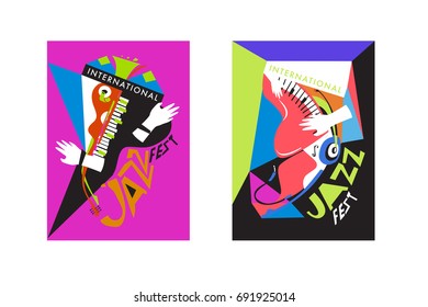 Colorful international jazz festival. Musicians, singers and musical instruments poster set flat vector illustration. Poster template for jazz and music events.