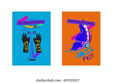 Colorful international jazz festival. Musicians, singers and musical instruments poster set flat vector illustration. Poster template for jazz and music events.