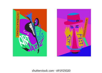 Colorful international jazz festival. Musicians, singers and musical instruments poster set flat vector illustration. Poster template for jazz and music events.