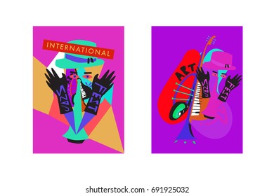 Colorful international jazz festival. Musicians, singers and musical instruments poster set flat vector illustration. Poster template for jazz and music events.