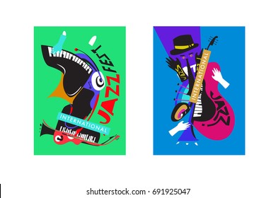 Colorful international jazz festival. Musicians, singers and musical instruments poster set flat vector illustration. Poster template for jazz and music events.