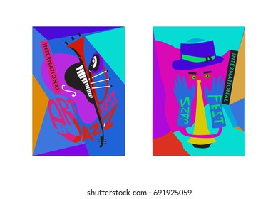 Colorful international jazz festival. Musicians, singers and musical instruments poster set flat vector illustration. Poster template for jazz and music events.