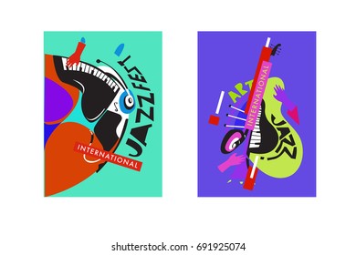 Colorful international jazz festival. Musicians, singers and musical instruments poster set flat vector illustration. Poster template for jazz and music events.