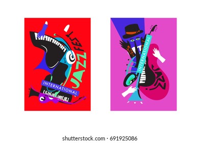 Colorful international jazz festival. Musicians, singers and musical instruments poster set flat vector illustration. Poster template for jazz and music events.