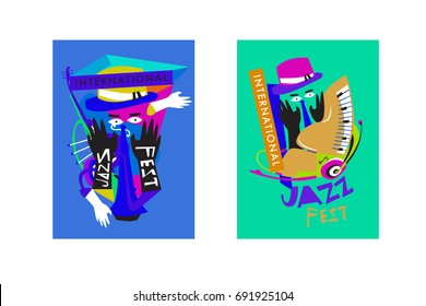 Colorful international jazz festival. Musicians, singers and musical instruments poster set flat vector illustration. Poster template for jazz and music events.