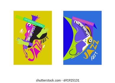 Colorful international jazz festival. Musicians, singers and musical instruments poster set flat vector illustration. Poster template for jazz and music events.