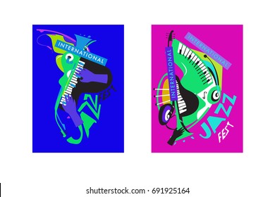 Colorful international jazz festival. Musicians, singers and musical instruments poster set flat vector illustration. Poster template for jazz and music events.