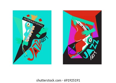 Colorful international jazz festival. Musicians, singers and musical instruments poster set flat vector illustration. Poster template for jazz and music events.