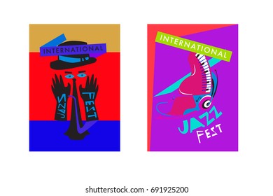 Colorful international jazz festival. Musicians, singers and musical instruments poster set flat vector illustration. Poster template for jazz and music events.