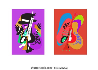 Colorful international jazz festival. Musicians, singers and musical instruments poster set flat vector illustration. Poster template for jazz and music events.