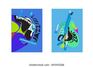 Colorful international jazz festival. Musicians, singers and musical instruments poster set flat vector illustration. Poster template for jazz and music events.