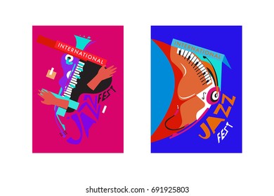 Colorful international jazz festival. Musicians, singers and musical instruments poster set flat vector illustration. Poster template for jazz and music events.