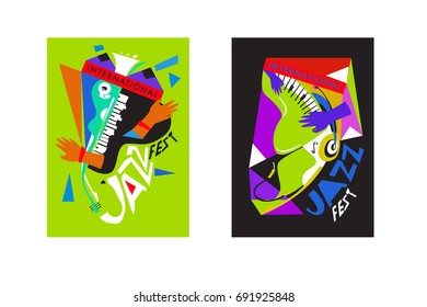 Colorful international jazz festival. Musicians, singers and musical instruments poster set flat vector illustration. Poster template for jazz and music events.