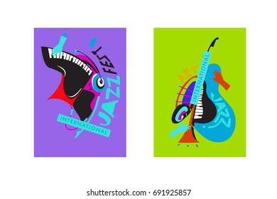 Colorful international jazz festival. Musicians, singers and musical instruments poster set flat vector illustration. Poster template for jazz and music events.