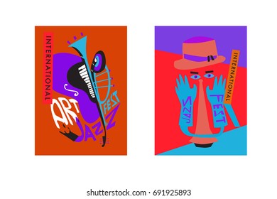 Colorful international jazz festival. Musicians, singers and musical instruments poster set flat vector illustration. Poster template for jazz and music events.