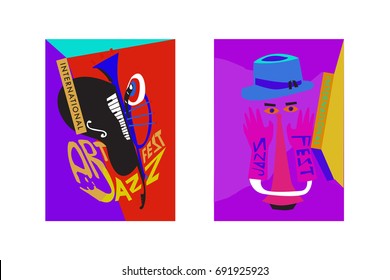 Colorful international jazz festival. Musicians, singers and musical instruments poster set flat vector illustration. Poster template for jazz and music events.