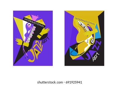 Colorful international jazz festival. Musicians, singers and musical instruments poster set flat vector illustration. Poster template for jazz and music events.