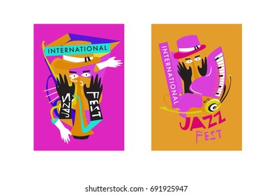 Colorful international jazz festival. Musicians, singers and musical instruments poster set flat vector illustration. Poster template for jazz and music events.